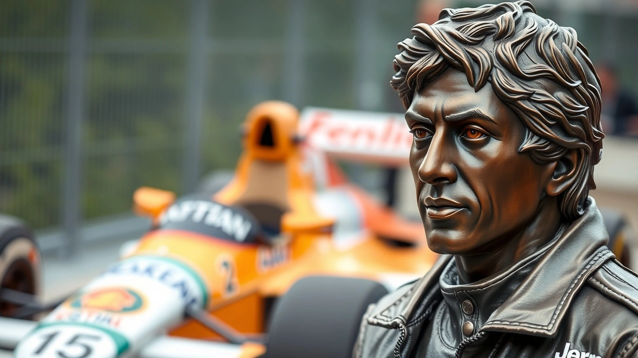statue d Ayrton Senna avec une voiture de course