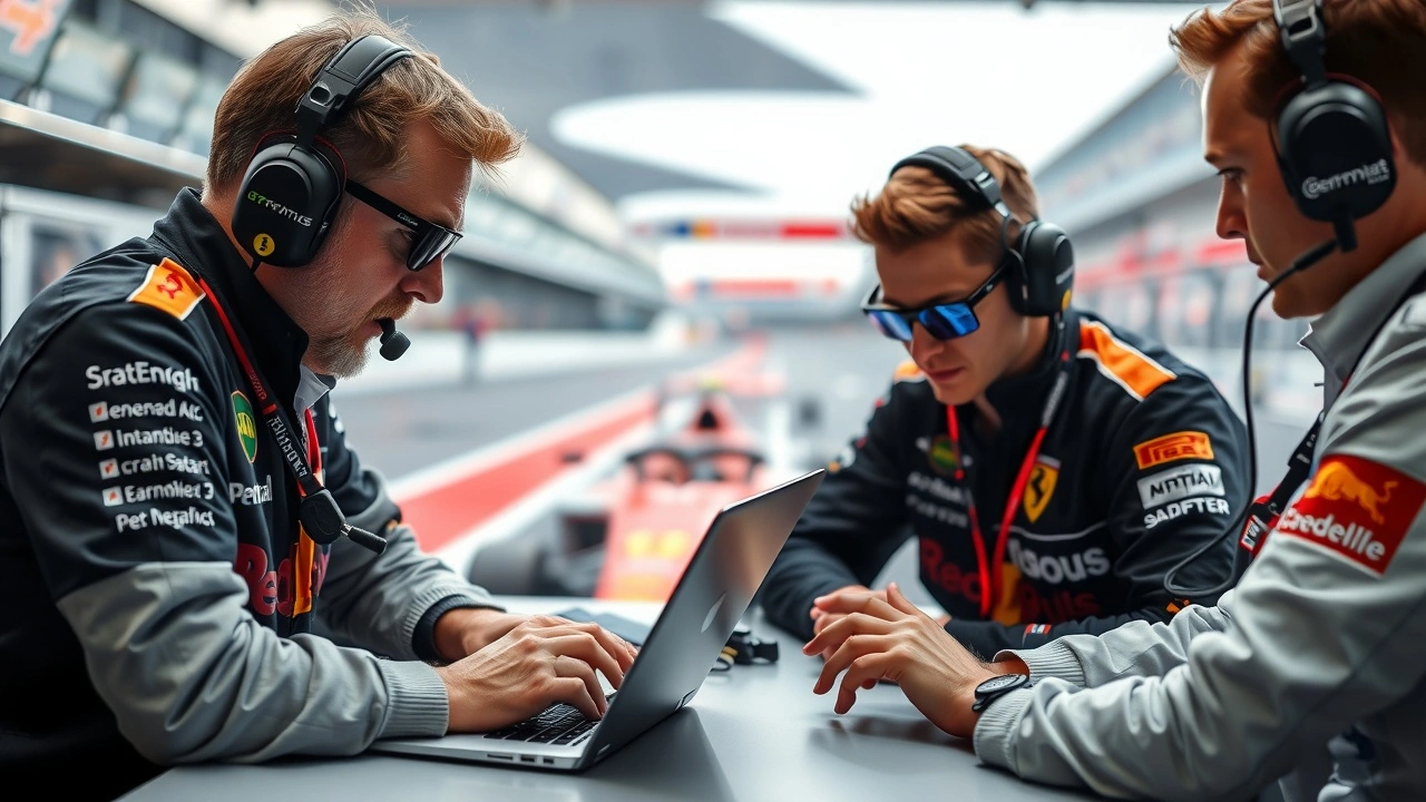 stratèges de Formule 1 analysant des données de télémétrie