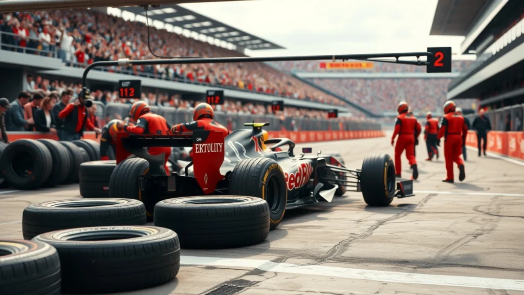 Une image illustrant un arrêt au stand en Formule 1 avec des stratégies de pneus.