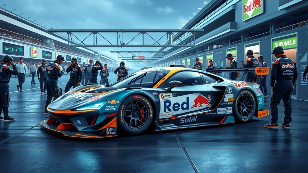 Illustration d'un environnement de course automobile moderne avec des stratégies de sponsoring innovantes.