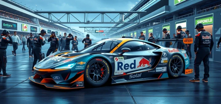 Illustration d'un environnement de course automobile moderne avec des stratégies de sponsoring innovantes.