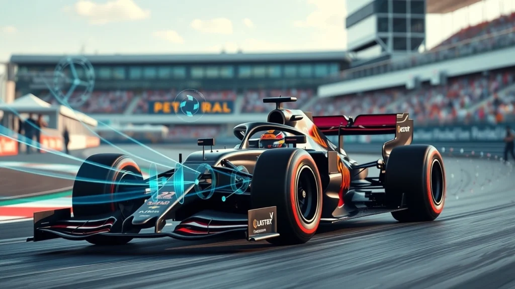 Image photorealiste d'une voiture de F1 avec technologies aérodynamiques avancées.