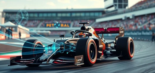 Image photorealiste d'une voiture de F1 avec technologies aérodynamiques avancées.
