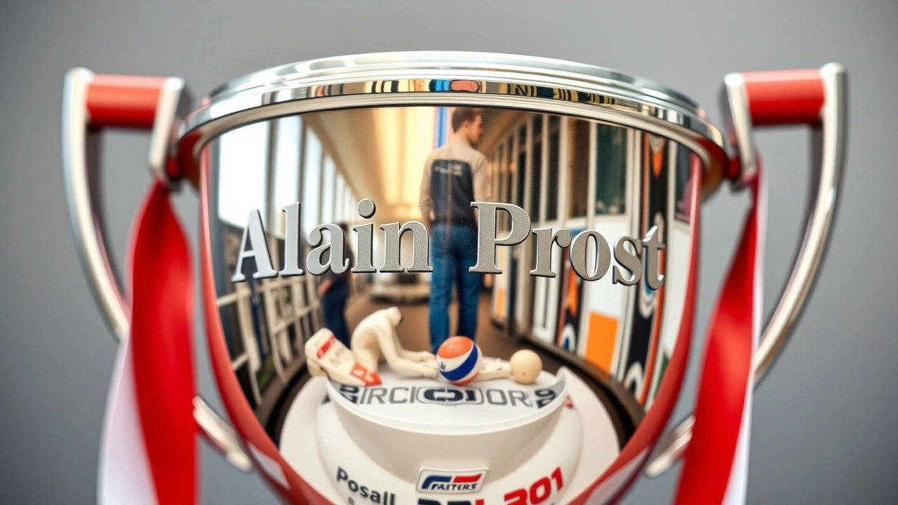 trophée de course avec le nom d'Alain Prost gravé