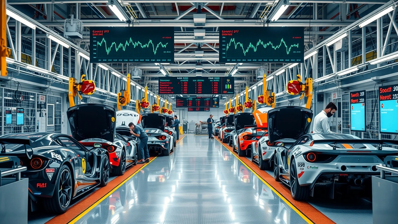 usine automobile avec voitures de course et graphiques financiers