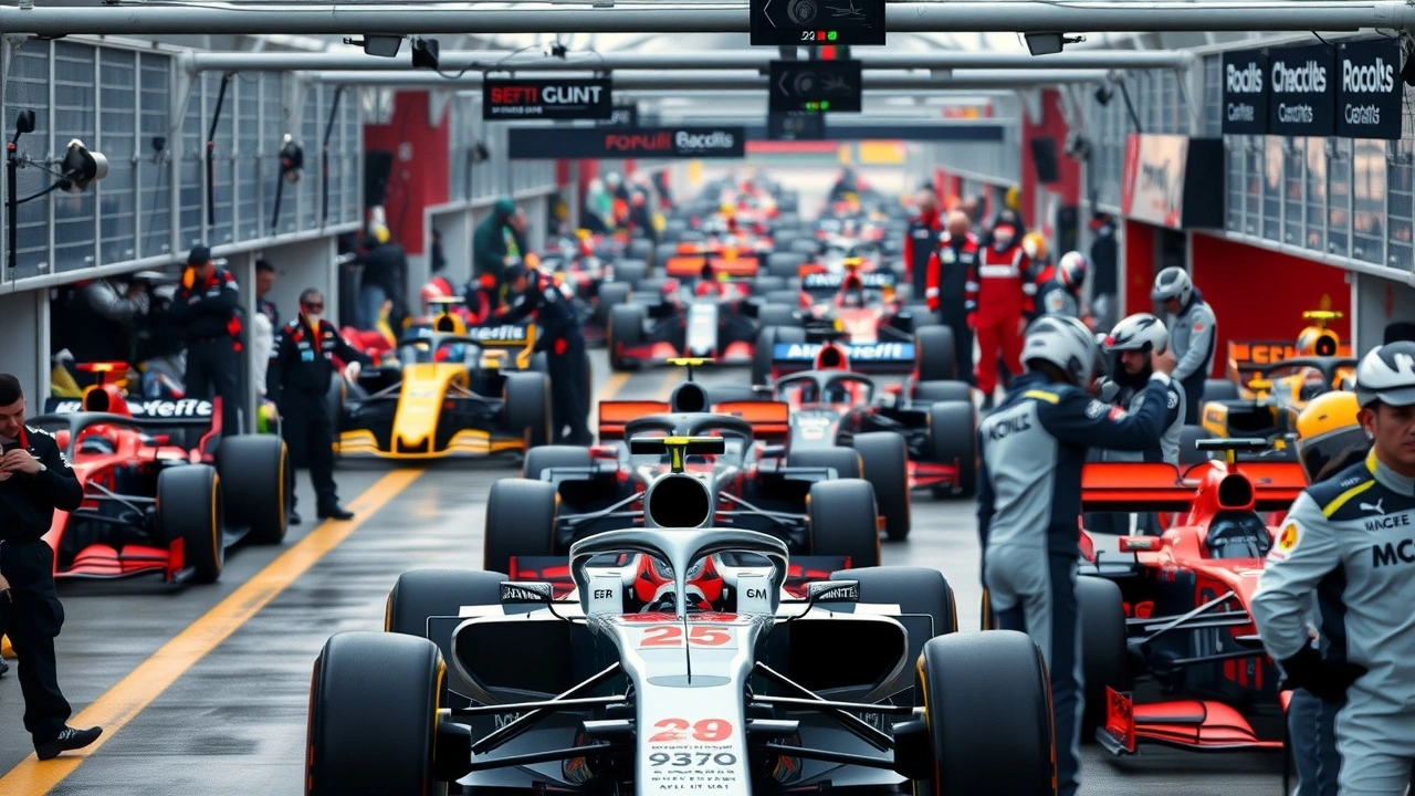 une voie des stands de Formule 1 animée