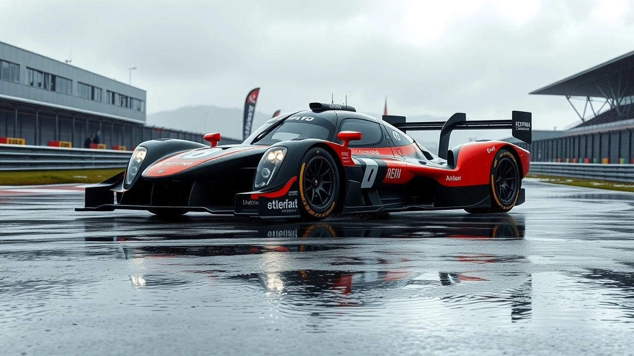 voiture de course moderne sur circuit inonde