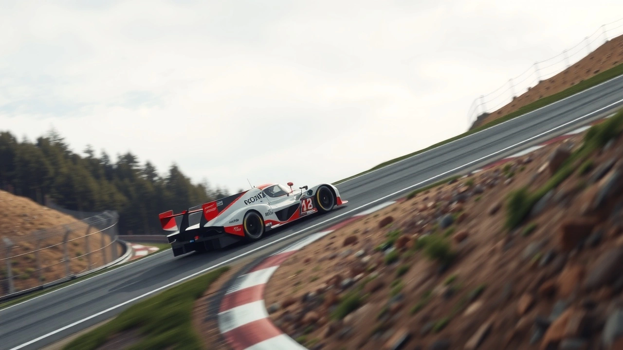 une voiture de course montant une piste raide