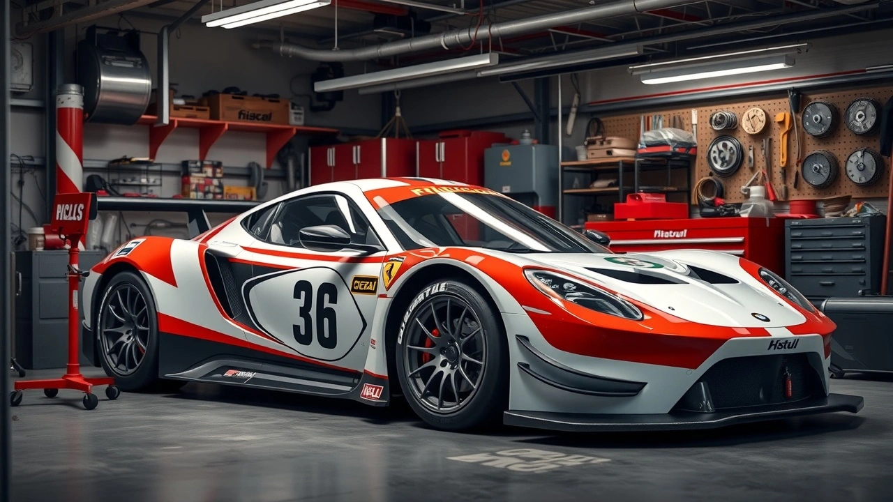 une voiture de course dans un garage avec des outils