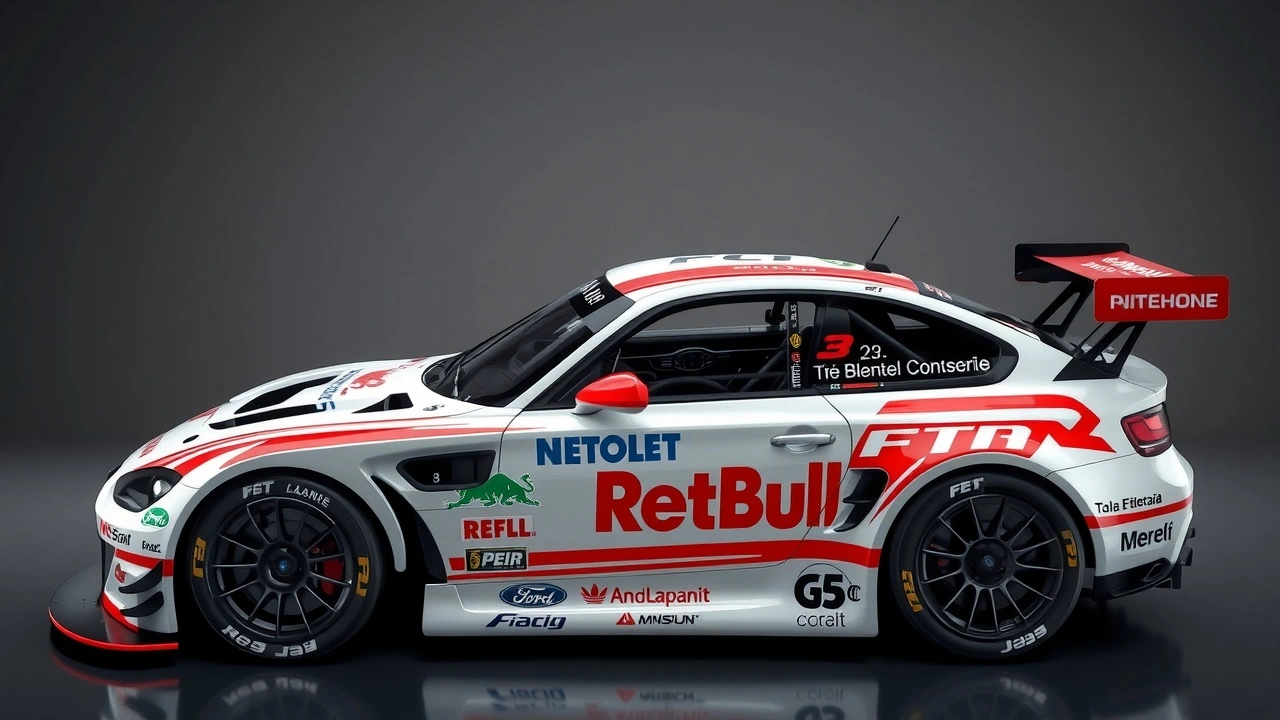 voiture de course avec logos de sponsors visibles