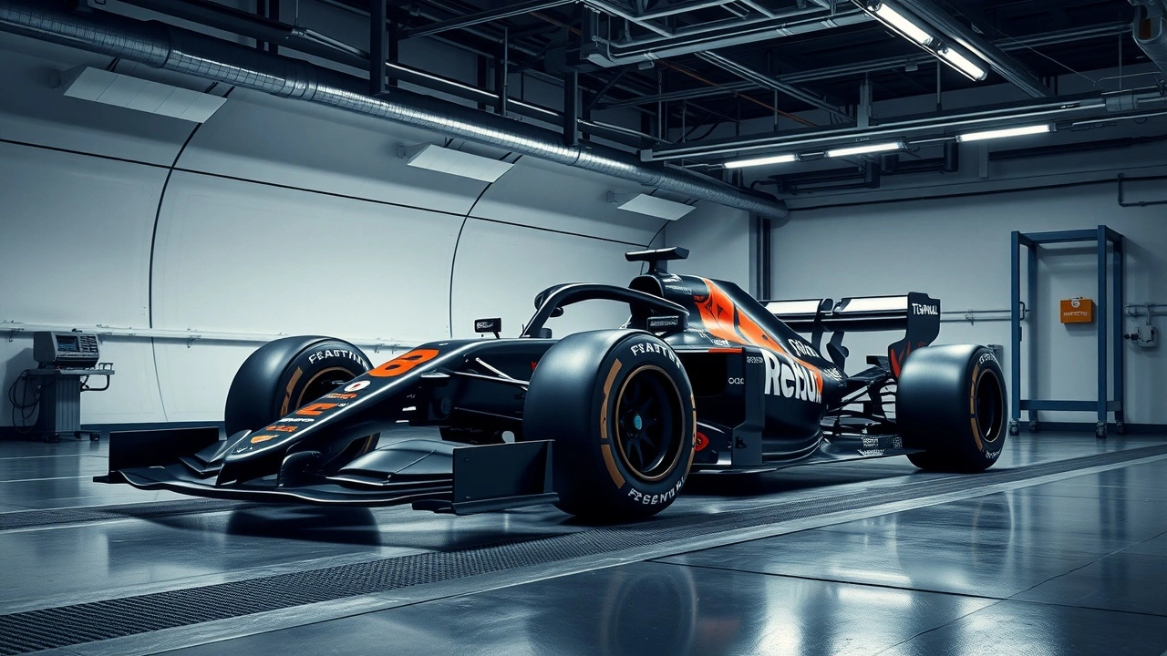 voiture de F1 dans une soufflerie pour tests aeriques