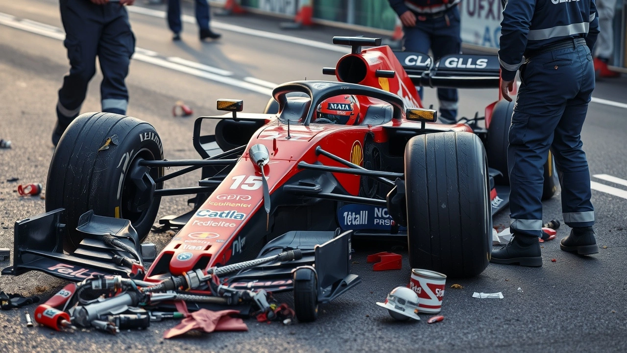 voiture de Formule 1 après un accident avec débris