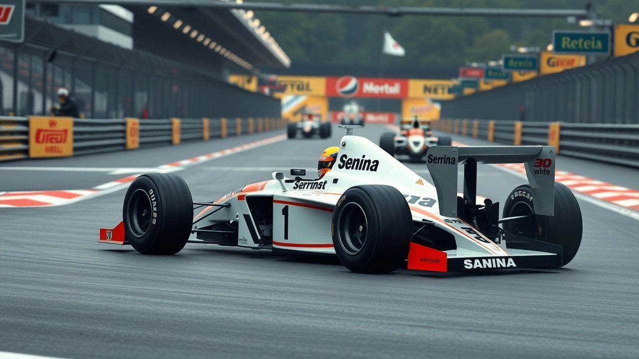 Voiture de Formule 1 sur circuit avec casque d'Ayrton Senna