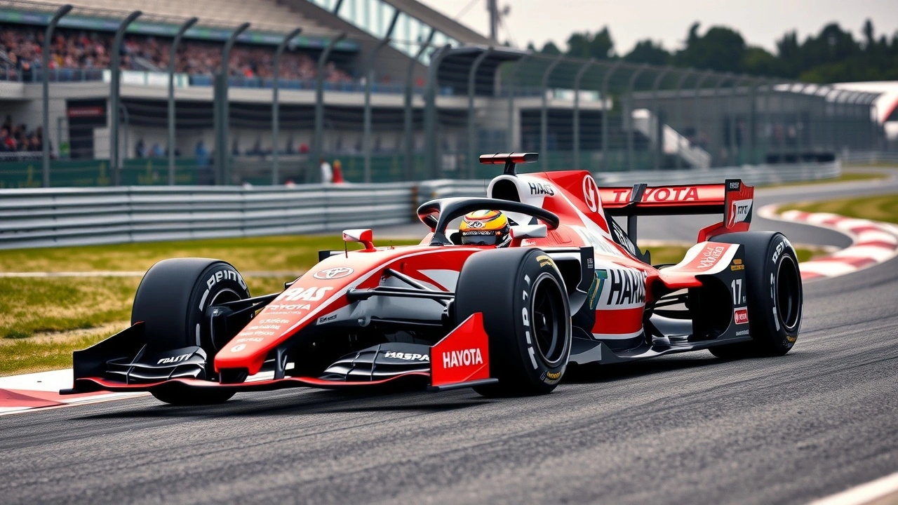 voiture de formule 1 Toyota avec logo Haas sur circuit