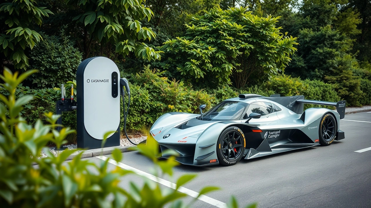 voiture de Formule E rechargeant dans une station écologique