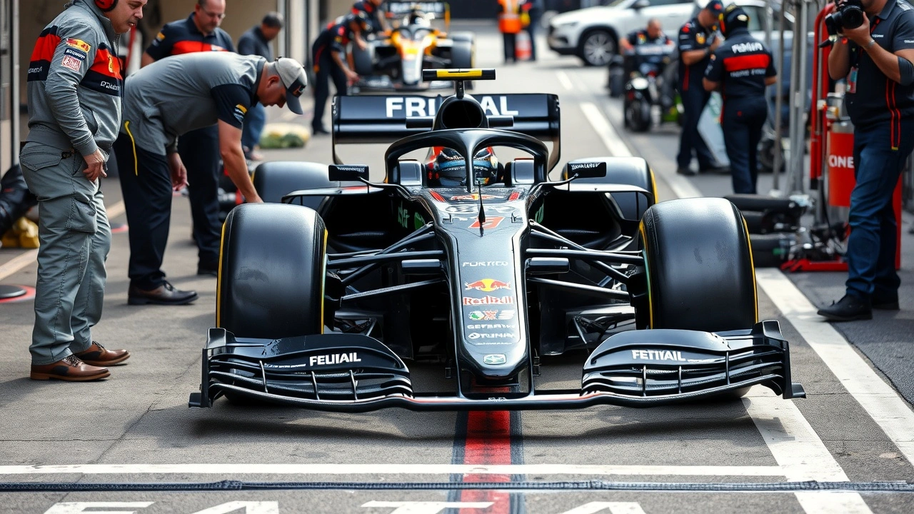 Voiture de Formule 1 inspectée par des ingénieurs dans le paddock