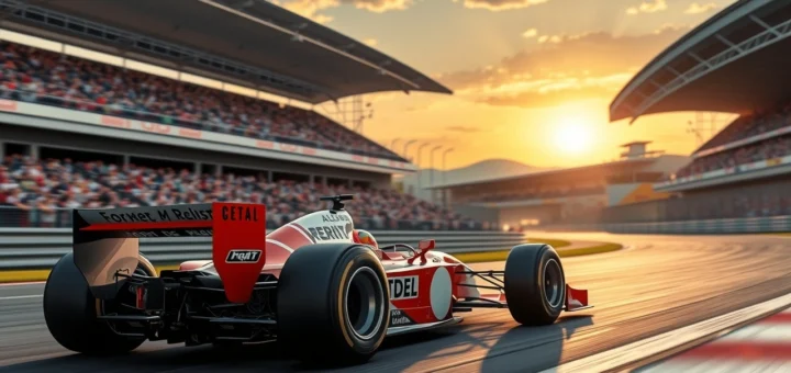 Un portrait photoréaliste d'une voiture de course en mouvement sur une piste de Formule 1.