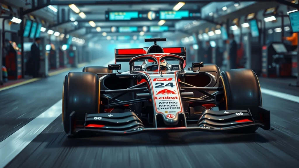 Une illustration d'une voiture de F1 avec des systèmes de contrôle actif dans un environnement de stand.