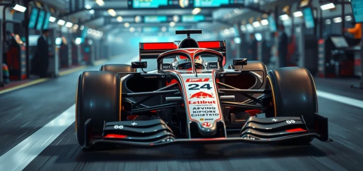 Une illustration d'une voiture de F1 avec des systèmes de contrôle actif dans un environnement de stand.