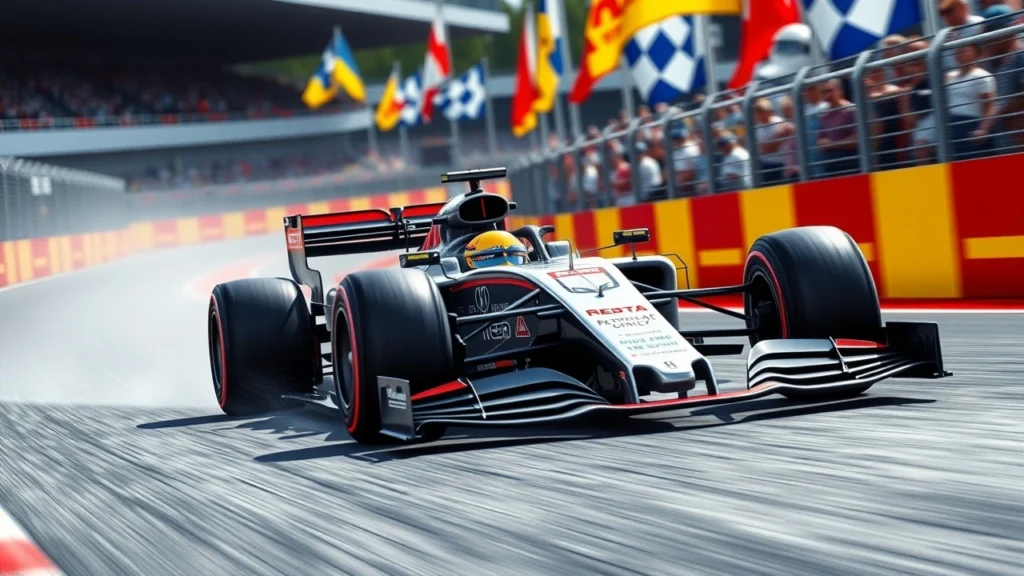 Une image photoréaliste d'une voiture de F1 sur un circuit, illustrant le rôle des algorithmes d'optimisation dans sa performance.