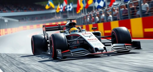 Une image photoréaliste d'une voiture de F1 sur un circuit, illustrant le rôle des algorithmes d'optimisation dans sa performance.