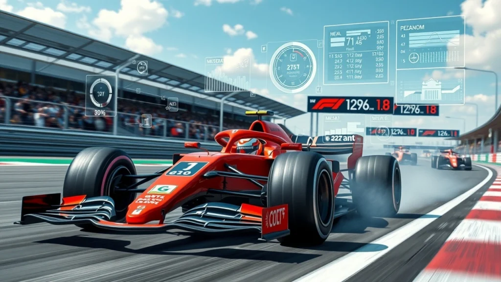 Une représentation photoréaliste d'une voiture de F1 intégrant des technologies de validation des données en temps réel.