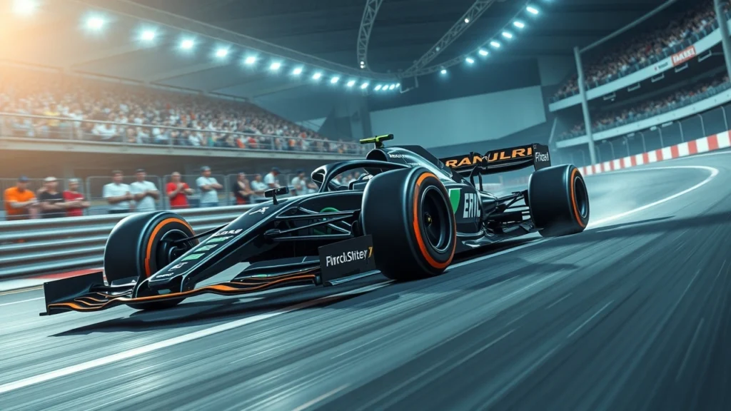 Une voiture de Formule 1 à haute performance sur un circuit moderne, illustrant l'innovation des batteries.