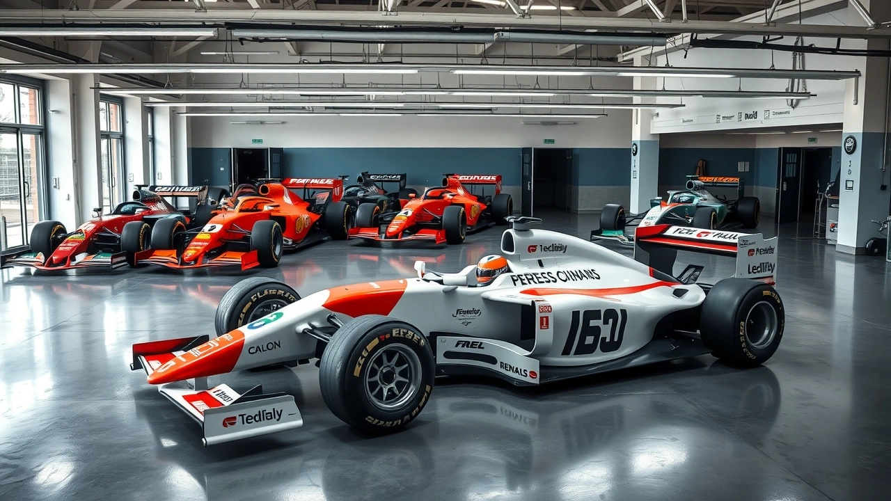 voitures des equipes emblématiques de F1 dans un garage