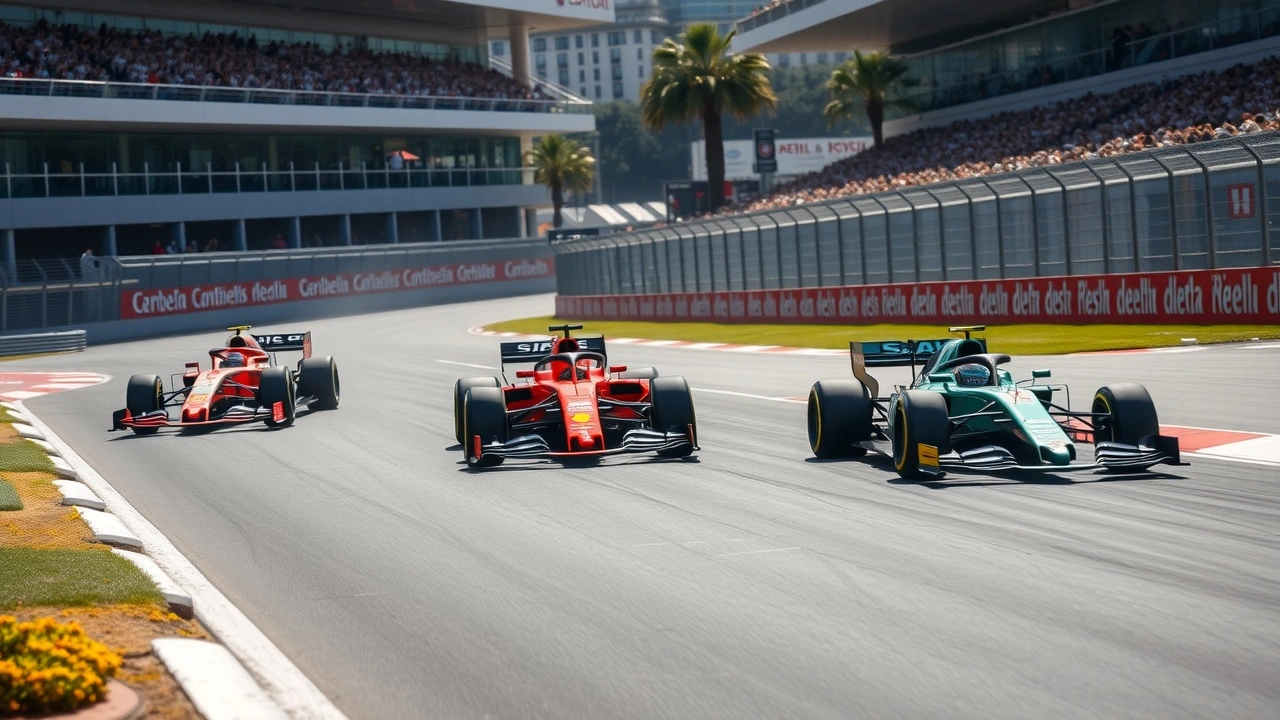 trois voitures de F1 sur le circuit de Barcelone