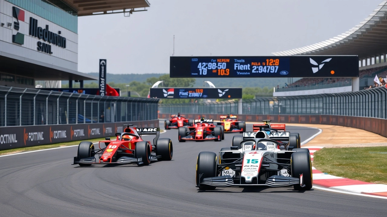 voitures de F1 modernes en course avec barrières de sécurité