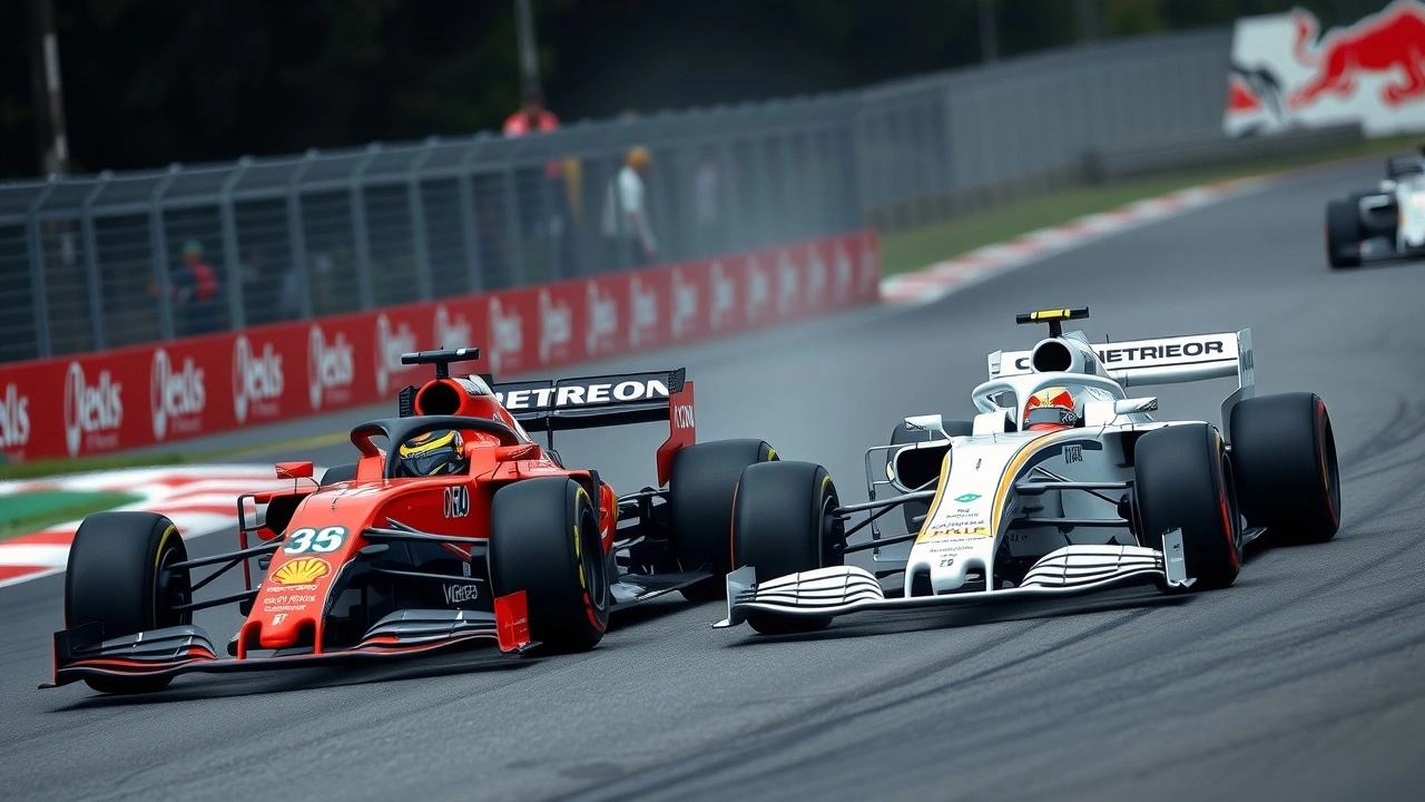 deux voitures de F1 de equipes rivales sur la piste