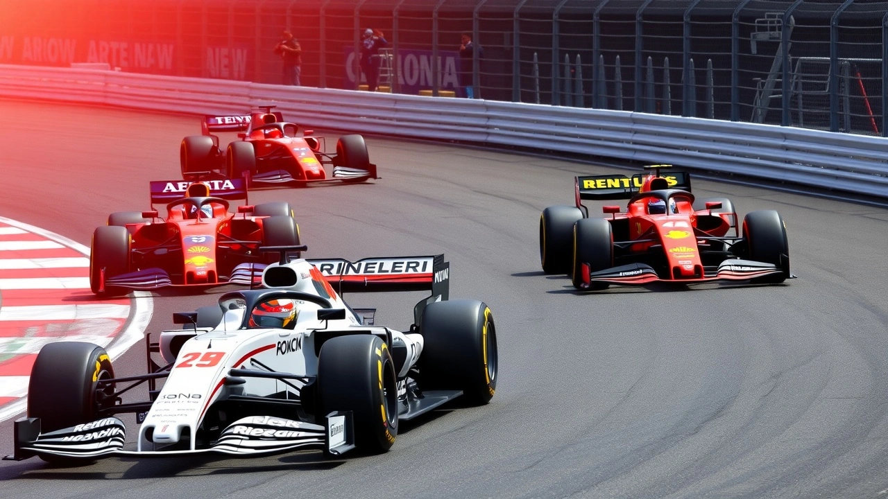 cinq voitures de Formule 1 sur un circuit