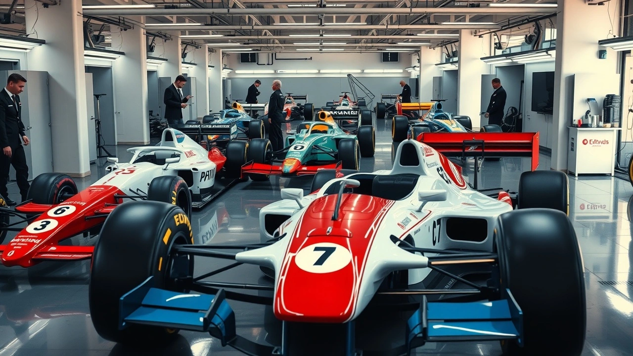 voitures de formule 1 dans un garage d equipe