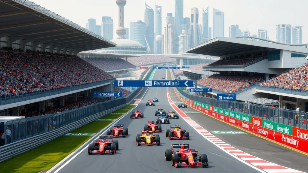Vue photorealiste du circuit international de Shanghai, mettant en avant ses caractéristiques uniques.
