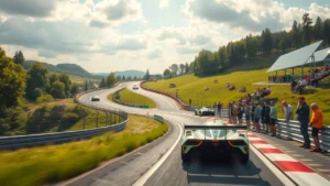 Une scène illustrant les défis environnementaux dans les sports automobiles.