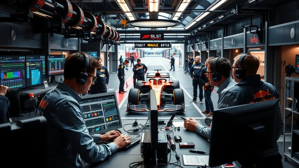 Une illustration photoréaliste du rôle des ingénieurs dans une équipe de Formule 1.