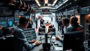 Une illustration photoréaliste du rôle des ingénieurs dans une équipe de Formule 1.