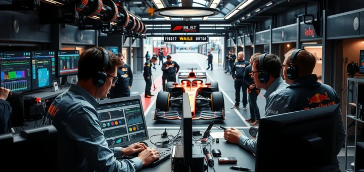 Une illustration photoréaliste du rôle des ingénieurs dans une équipe de Formule 1.