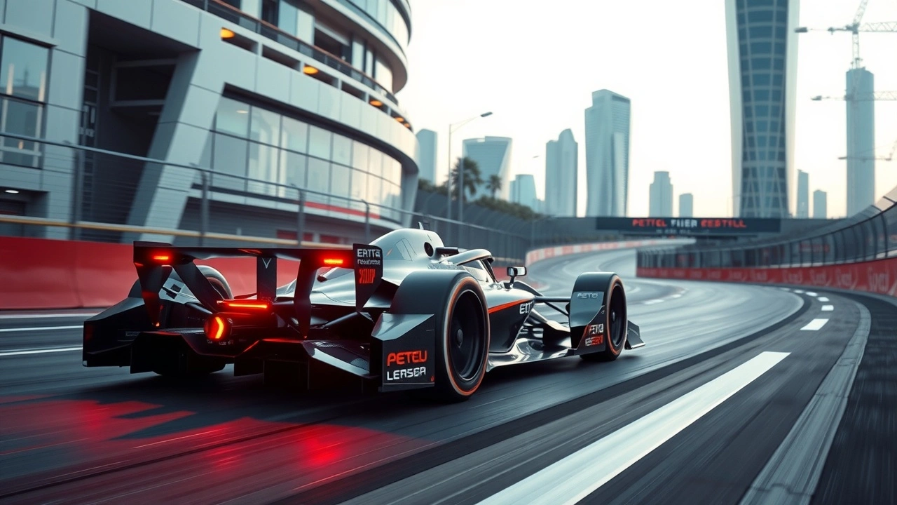 Voiture de Formule E sur une piste urbaine futuriste