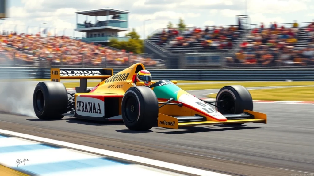 Une illustration photoréaliste d'Ayrton Senna en voiture de Formule 1, montrant une scène de course dynamique.