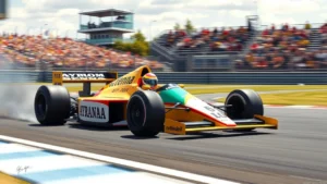 Une illustration photoréaliste d'Ayrton Senna en voiture de Formule 1, montrant une scène de course dynamique.