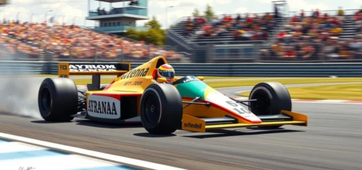 Une illustration photoréaliste d'Ayrton Senna en voiture de Formule 1, montrant une scène de course dynamique.