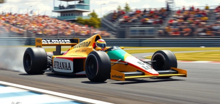 Une illustration photoréaliste d'Ayrton Senna en voiture de Formule 1, montrant une scène de course dynamique.