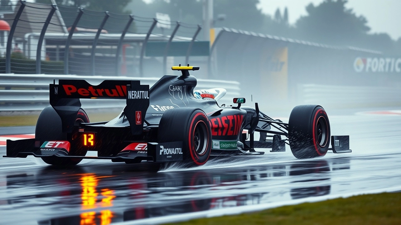 une voiture de Formule 1 sur une piste mouillée