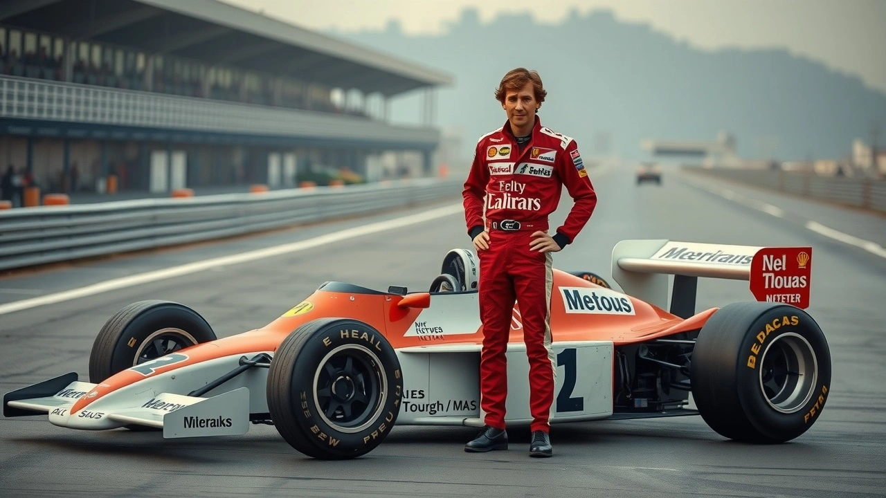 Alain Prost avec sa voiture de F1