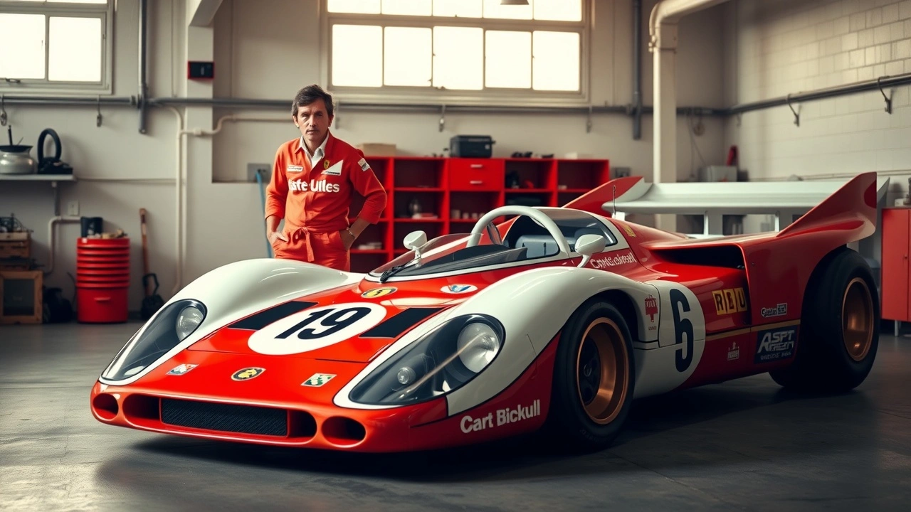 Alain Prost avec sa voiture de course emblématique dans un garage