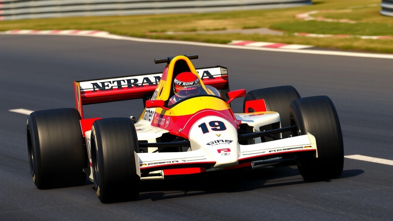 Ayrton Senna dans une voiture de Formule 1 sur une piste