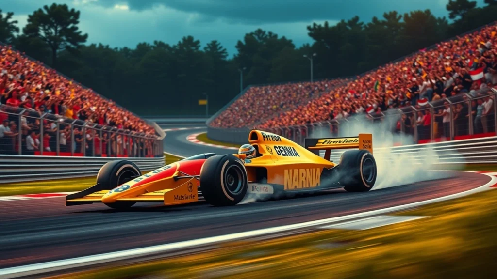 Une scène photoréaliste d'Ayrton Senna sur un circuit de Formule 1, illustrant son héritage et son influence