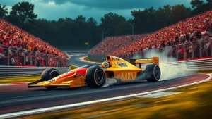 Une scène photoréaliste d'Ayrton Senna sur un circuit de Formule 1, illustrant son héritage et son influence