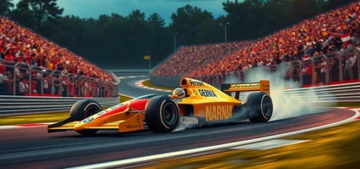Une scène photoréaliste d'Ayrton Senna sur un circuit de Formule 1, illustrant son héritage et son influence